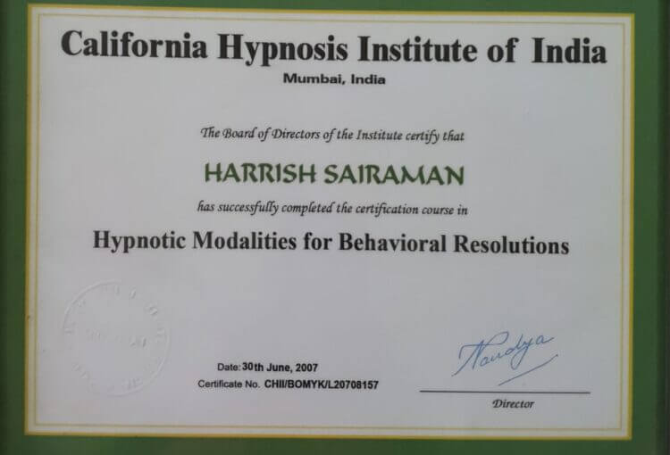 Harrish Sai Raman Certification for Hypnotic Modalities for Behavioral Resolutions