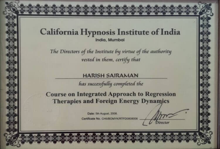 Harrish Sai Raman Certification for Regression Therapies and Foreign Energy Dynamic | Best Motivational Speaker In India