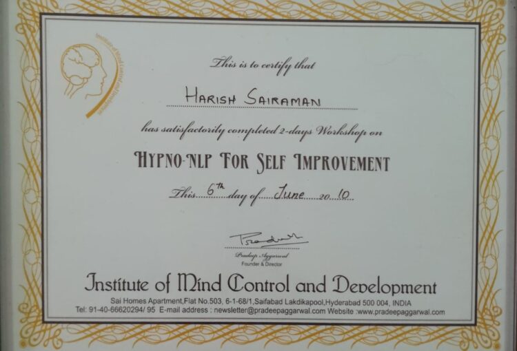 Harrish Sai Raman Certified Hypno-NLP for Self Improvement