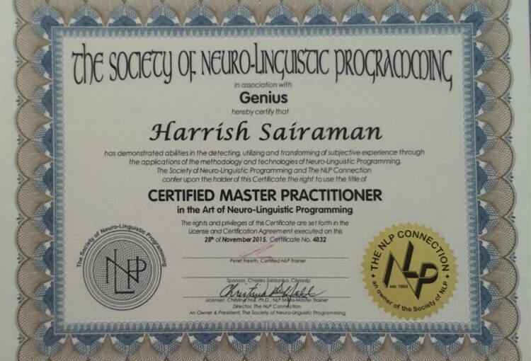 Harrish Sai Raman Certified Master Practitioner in art of Neuro-Linguistic Programming (NLP) | Best Motivational Speaker In India
