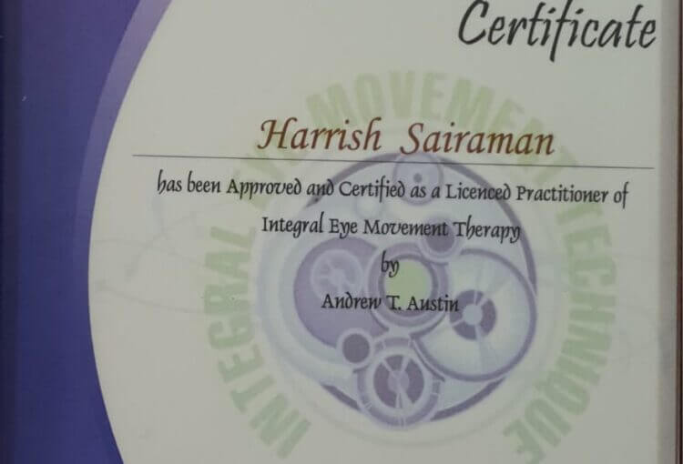 Harrish Sai Raman Certified and Licensed Practitioner of Integrated Eye Movement Therapy | Best Motivational Speaker In India
