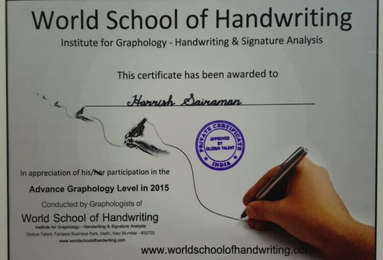 Harrish Sai Raman Certified for Advance Graphology | Best Motivational Speaker In India
