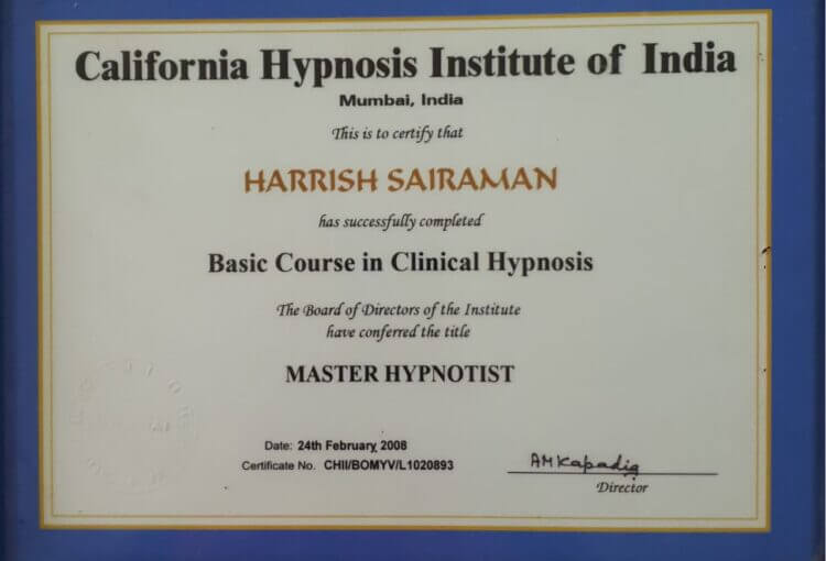 Harrish Sai Raman Certification for Master Hypnotist