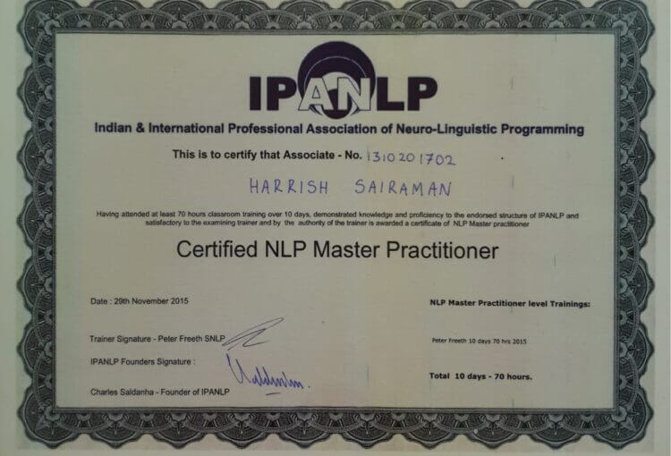 Harrish Sai Raman Certification for Certified NLP Master Practitioner | Best Motivational Speaker In India